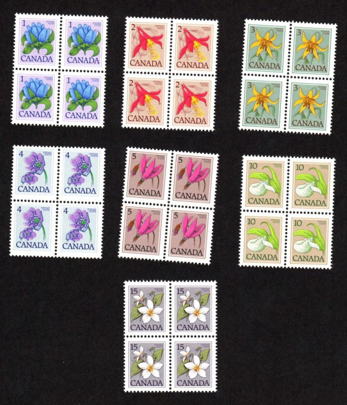 CANADA FLORAL DEFINITIVES MINT NEVER HINGED BLOCKS OF 4 SET SCOTT # 781-787