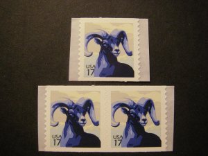 Scott 4140, 17c Bighorn Sheep, Pair & Single, uneven tag MNH Beauties