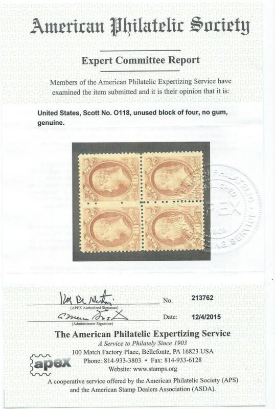 United States Scott O118  Mint  Expertized