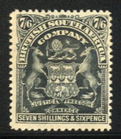 Rhodesia #70 Cat$110, 1901 7sh6p black, heavy hinge remnant