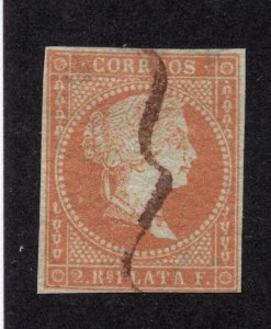 Cuba 1855 2r p orange red on bluish Isabella, Scott 4 used, value = $20.00