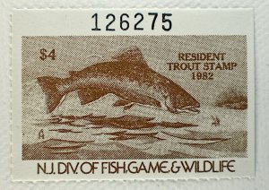 US NEW JERSEY RESIDENT TROUT STAMP $4 MNH, 1982