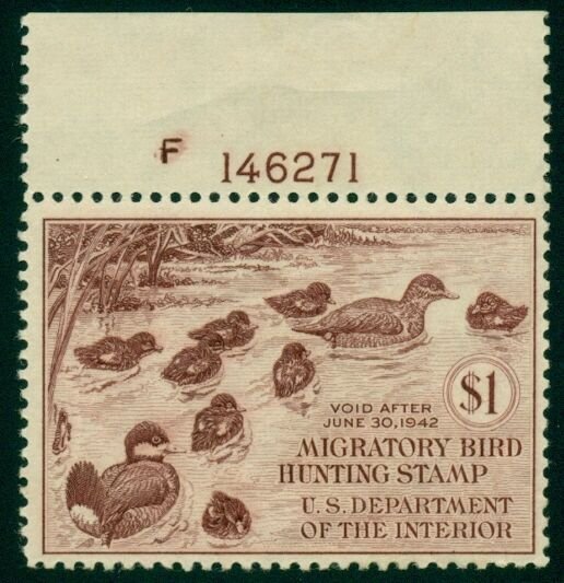 US #RW8 $1.00 Family Ruddy Ducks, og, XLH Plate No. Single, VF