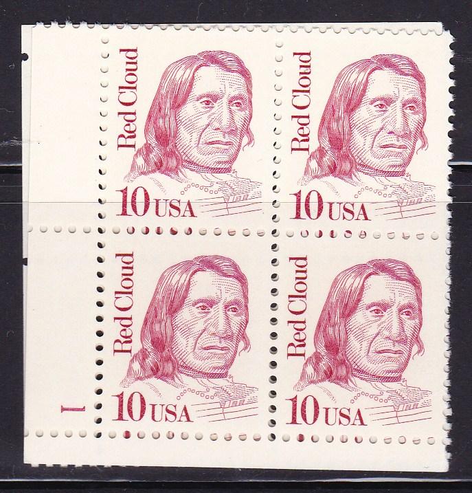 United States 1986 Great Americans 10c Red Cloud Plate Number Block VF/NH