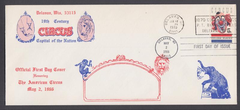 US Scott 1309 FDC. 1966 5c Circus, Delavan, Wisc. bi-color cachet, dual cancels