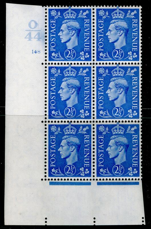 SG489, 2½d light ultra, NH MINT. Cat £20. CONTROL O44 CYL 148 NO DOT BLOCK OF 6.