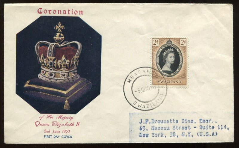 Another Swaziland QEII 1953 Coronation cacheted cover to New York