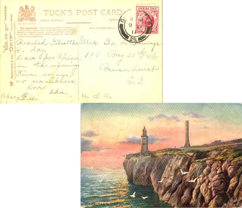 Gibraltar 1d KEVII 1911 Gibraltar, 25 (Lighthouse) to Bensonhurst, N.Y.