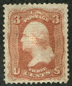 US #94 SCV $950. 3c Washington grilled, XF-SUPERB mint hinged, SUPER CENTERIN...