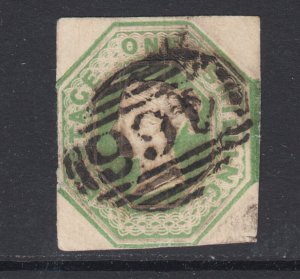 Great Britain Sc 5 used. 1847 1sh pale green QV embossed imperf, sound, F-VF 
