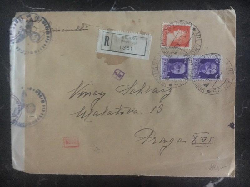 1942 Milan Italy Dual Censored Cover to Prague Czech Republic