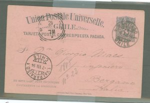 Chile  1894 3c + 3c reply card Santago to Bergamo, Italy, nice message, reply half attached-hinge marks