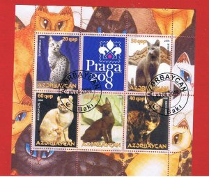 Azerbaijan   2008  CTO  Souvenir Sheet of 5 + label  Cats  Free S/H