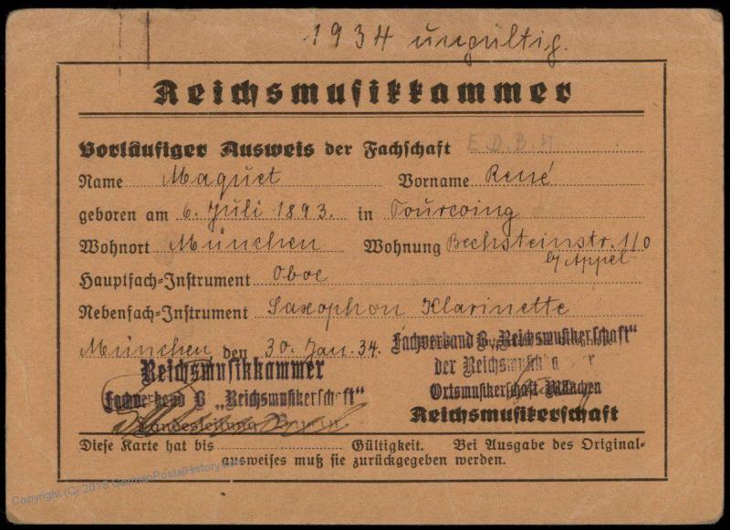 Germany 1935 Reichsmusikkammer Chamber MUSIC Revenue Stamps Membership ID 77165