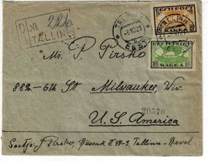 Estonia 1921 Tallinn cancel on registered cover to the U.S., Scott 35-36