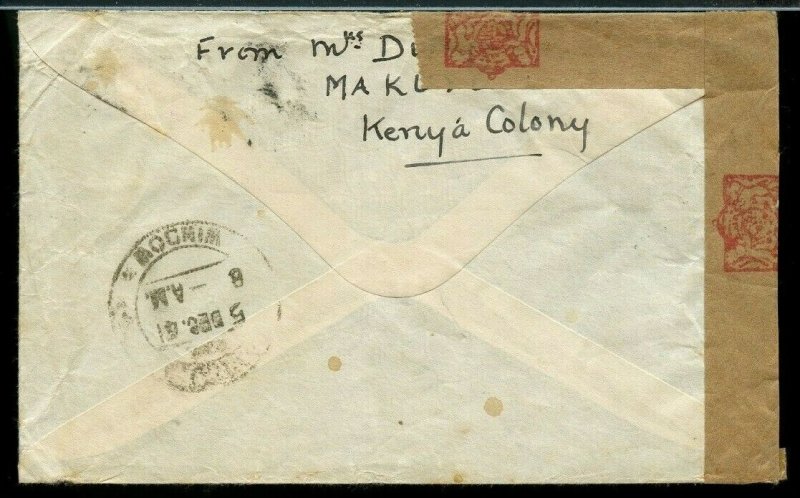 1/ 30cent Censored JUSQU'A marking KENYA to INDIA AIRMAIL cancelled 1941 cover