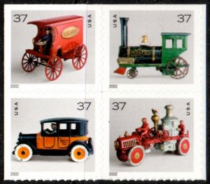 USA Sc. 3645a 37c Toys 2002 date MNH bklt. block of 4