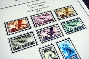 COLOR PRINTED ITALIAN COLONIES 1932-1934 STAMP ALBUM PAGES (8 illustrated pages)