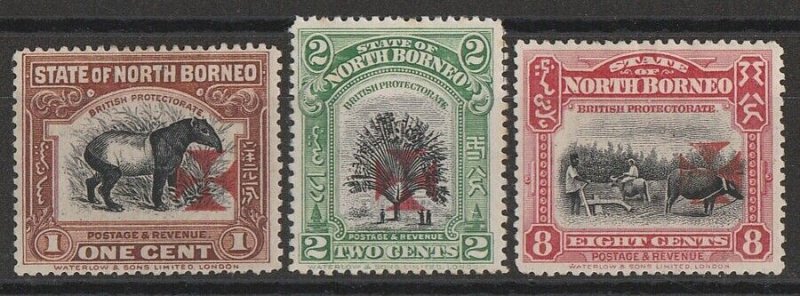 NORTH BORNEO 1916 Red Cross carmine on Pictorial 1c, 2c & 3c.