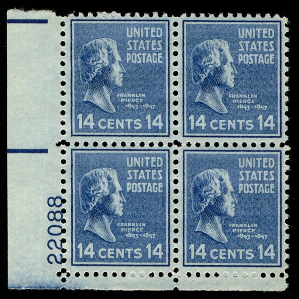 US #819 PLATE BLOCK, XF-SUPERB mint never hinged, post office fresh,  SUPER S...