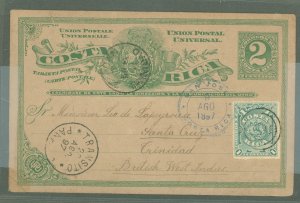 Costa Rica UX 1897 2 cent Green P.C. + 1 cent for foreign rate. Used from San Jose, Panama transit, Trinidad arrival. Crease Rei