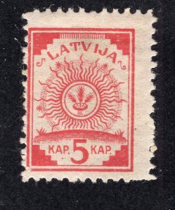 Latvia 1919 5k carmine Arms, Scott 18 MH, value = 80c