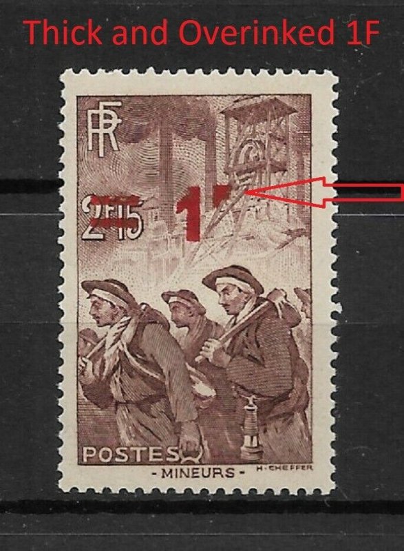 France 1940, Miners, Overprint Variety Thick 1F, Scott # 410,VF MNH** (FR-7)