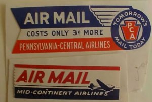 US AIR LABLE MID CONTINENT & PENNYSLYVANIA CENTRAL BOTH MINT NO GUM