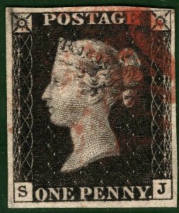 GB PENNY BLACK QV Stamp 1d Plate 8 (SJ) Red MX (1840) Used G-FU Cat £525 GRED29