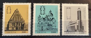 (3541) LITHUANIA 1993 : Sc# 437-439 CHURCHES ZAPISHKIS VILNIUS KAUNAS - MNH VF