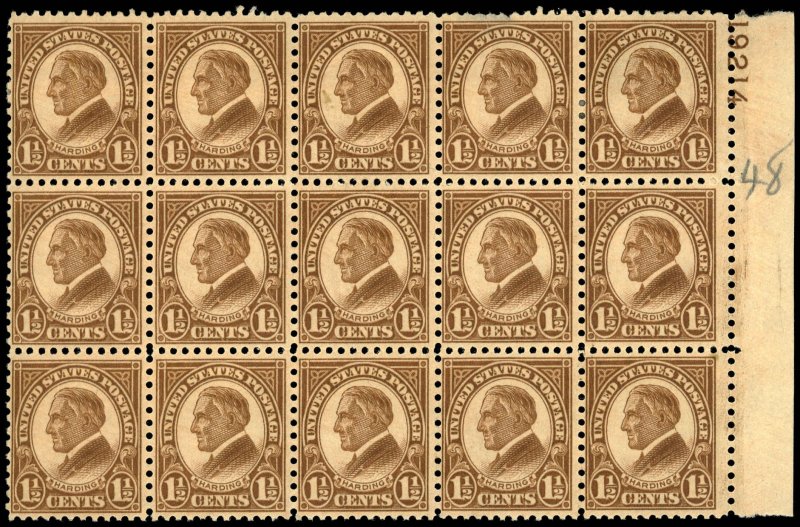 US Sc 633 MNH/MH BLOCK of 15 w/PLATE # - 1927 1½¢ - Harding - See Desc.