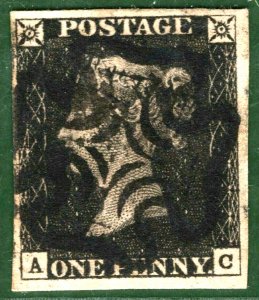 GB PENNY BLACK SG.2 1840 1d Plate 1b (AC) Super London *BROKEN POINTS* MX BLRED4