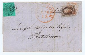 US 1 & Boyd's 20L4 on cover red grid cancel & NY Apr 13 postmark 1848