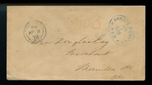 ?1872 stampless cover, to Manilla PO US, Charge Drawer R&D Canada