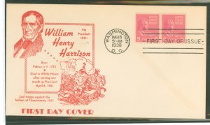 US 814 1938 9c William Henry Harrison (presidential/prexy series) pair on an unaddressed first day cover with a Reid cachet.