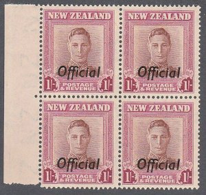 NEW ZEALAND 1938-51 GVI 1/- OFFICIAL upright wmk MNH block of 4 SG £68......K759