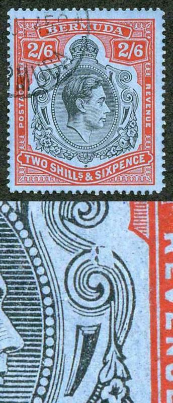 Bermuda SG117ae 2/6 black and red/grey-blue Variety Broken LOWER RIGHT SCROLL