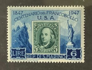 San Marino 1947 Scott 268 MNH - 6 L, US postage stamps Cent. -5c, Franklin