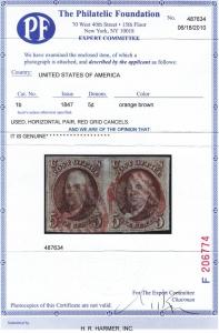 1 b Pair Orange Brown VF red grid cancels PF cert cv $ 2000  ! see pic !