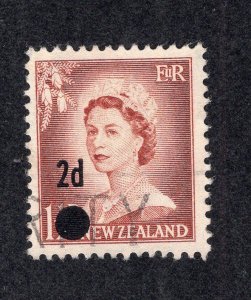 New Zealand 1958 2p on 1 1/2p Small Surcharge, Scott 319a used, value = 25c