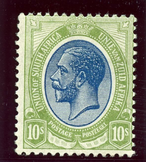 South Africa 1913 KGV 10s deep blue & olive-green MLH. SG 16. Sc 15.