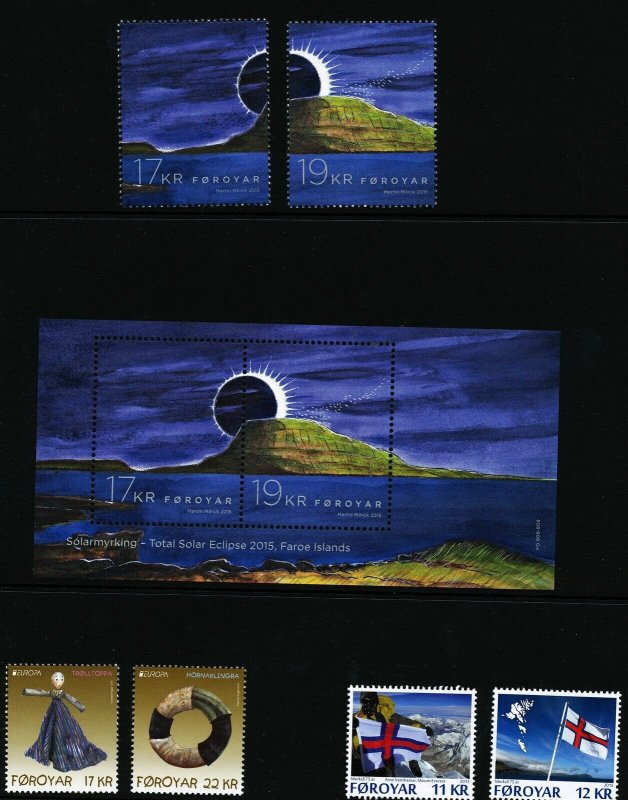 Faroe Islands 2015 Year set cpl with S/S and singles Solar eclipse. 3 scans. MNH