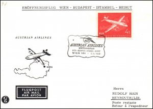 Austria Austrian Airlines Vienna to Beruit 1960 1st Flight Cover