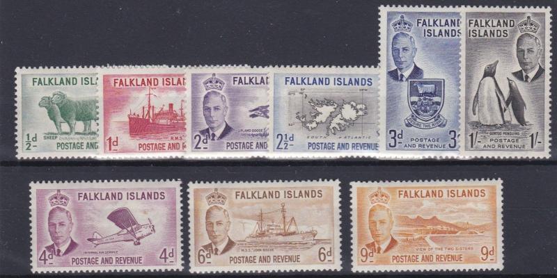 FALKLAND ISLANDS  1952  S G 172 - 180  VALUES TO 1/-  MH CAT £70 NO2