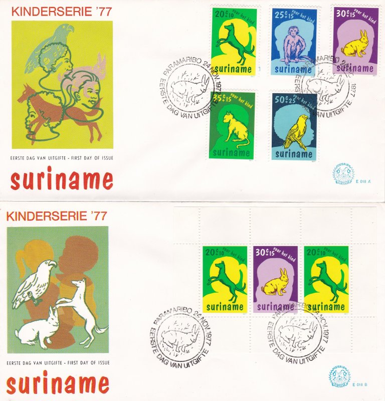 Suriname #  B241-245 & B243a, Childrens Pets on 2 First Day Covers