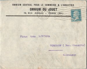 France 1.50F Pasteur 1929 Paris 112, R. Amelot to Gersdorf, Germany.  Corner ...