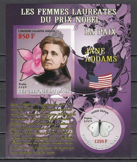 Mali, 2009 issue. J. Addams, Nobel Prize Winner. Orchid & Butterfly. IMPERF. ^