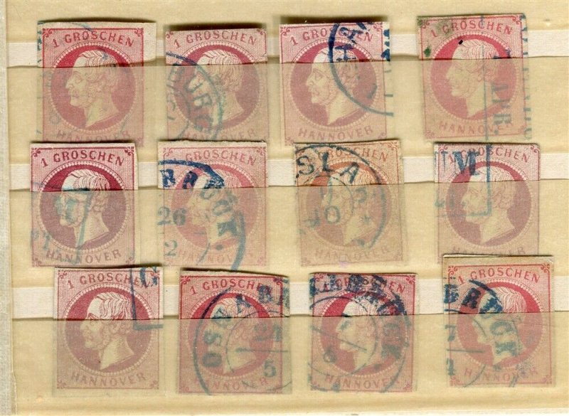 GERMANY; HANNOVER 1850s George Imperf issues fine USED GROUP, Shades Postmarks
