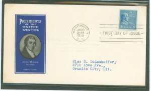 US 845 1939 5c James Monroe (presidential/prexy series) coil single on an addressed first day cover with an Ioor cachet.