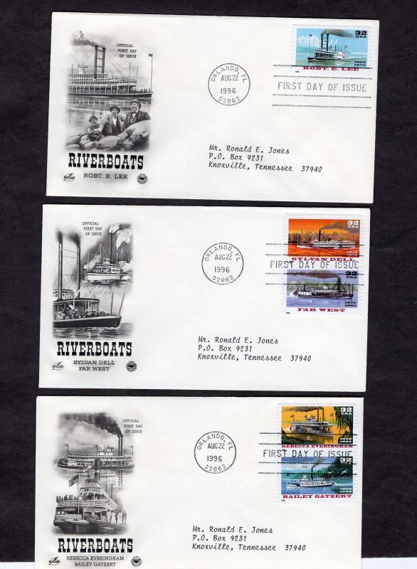 3091-3095 Riverboats, set/3 FDC ArtCraft/PCS addressed